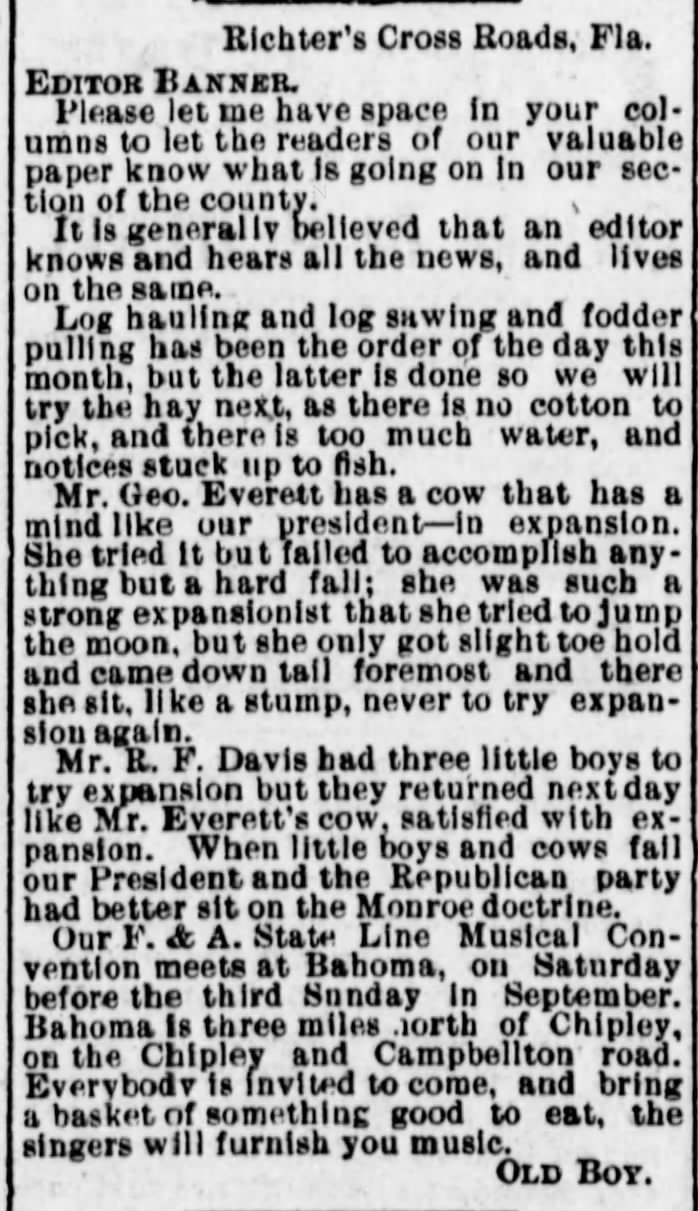 Ltr to Editor - The Chipley Banner - 2 Sep 1899