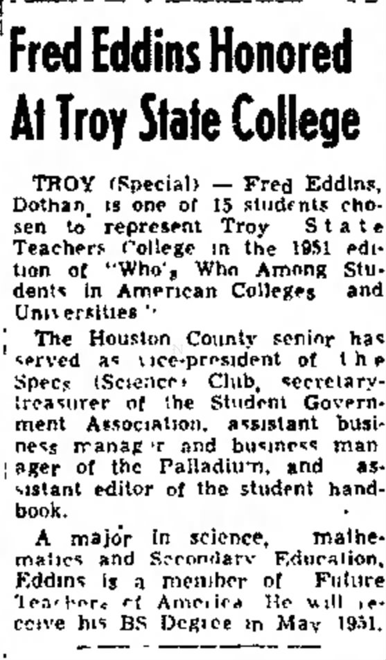 Fred Eddins Honored at Troy State College - The Dothan Eagle - 17 Oct 1950