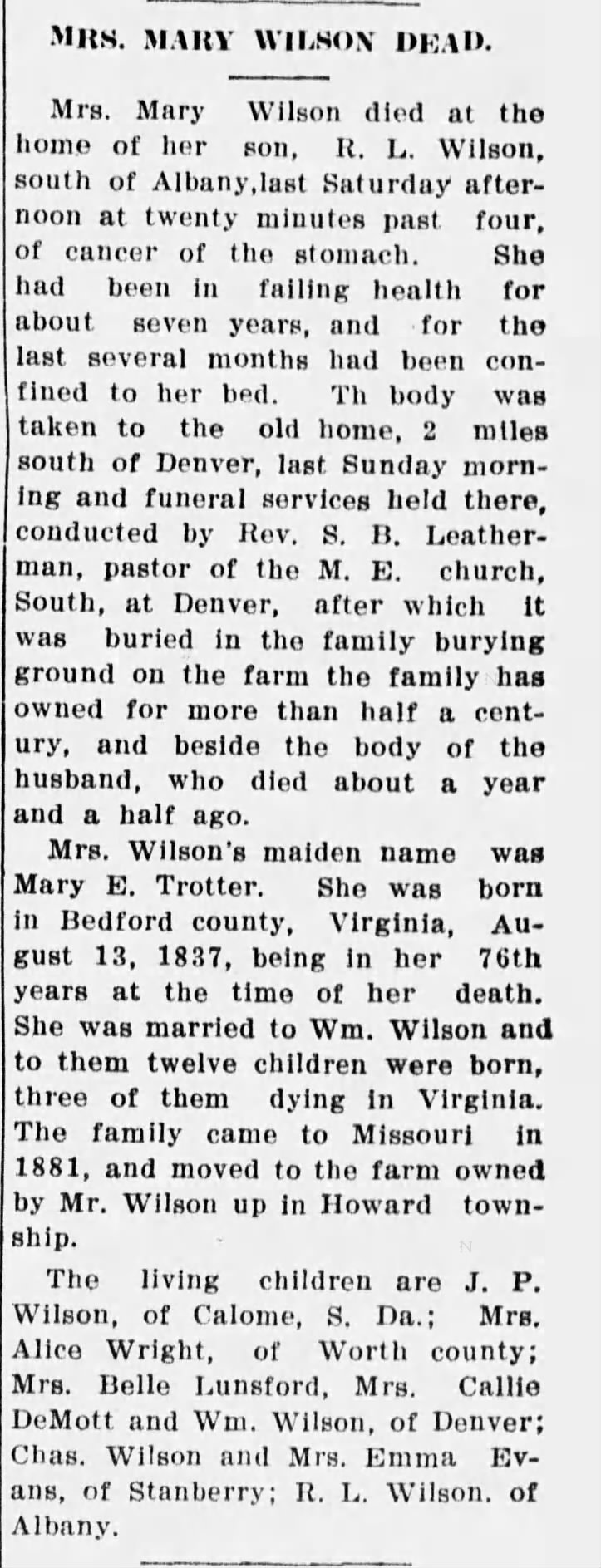 Obituary for MARY WILSON Wilson