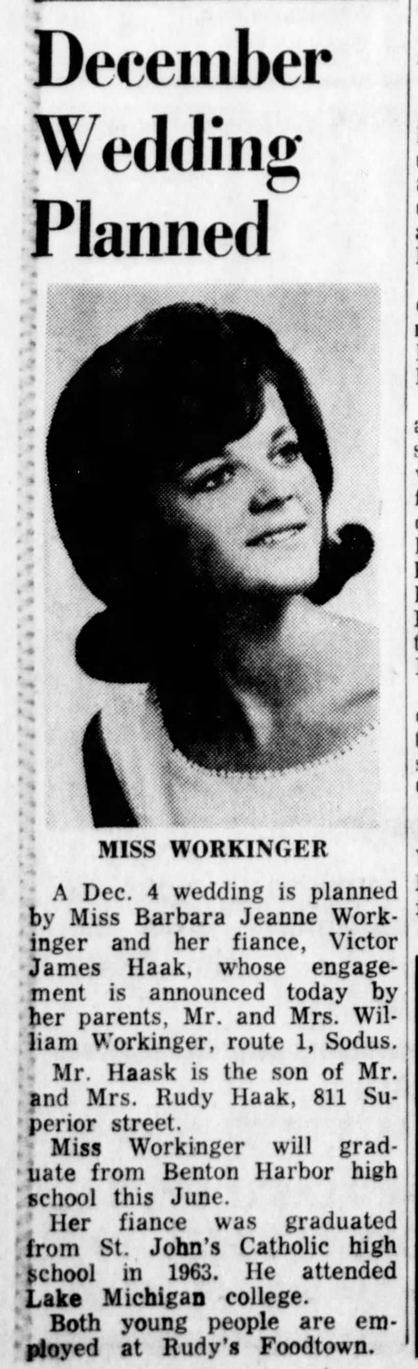 Workinger-Haak Engagement; The News-Palladium; Benton Harbor, MI; 05 Apr 1965, pg 30