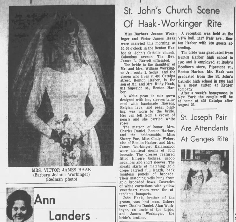 Haak-Workinger Vows; The Herald-Palladium; St Joseph, MI; 14 Aug 1965, pg 4