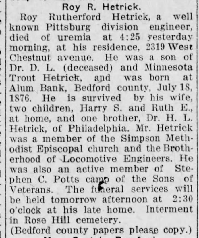 Roy R Hetrick Obituary; Altoona Tribune; Altoona, PA; 01 Apr 1913, pg 11