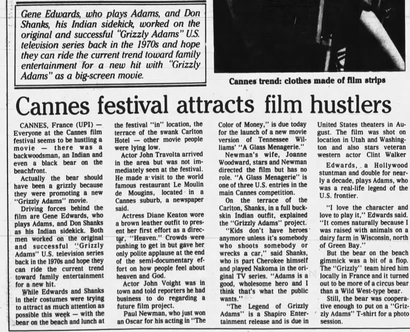 Gene Edwards, Don Shanks promote Grizzly Adams at Cannes 1987