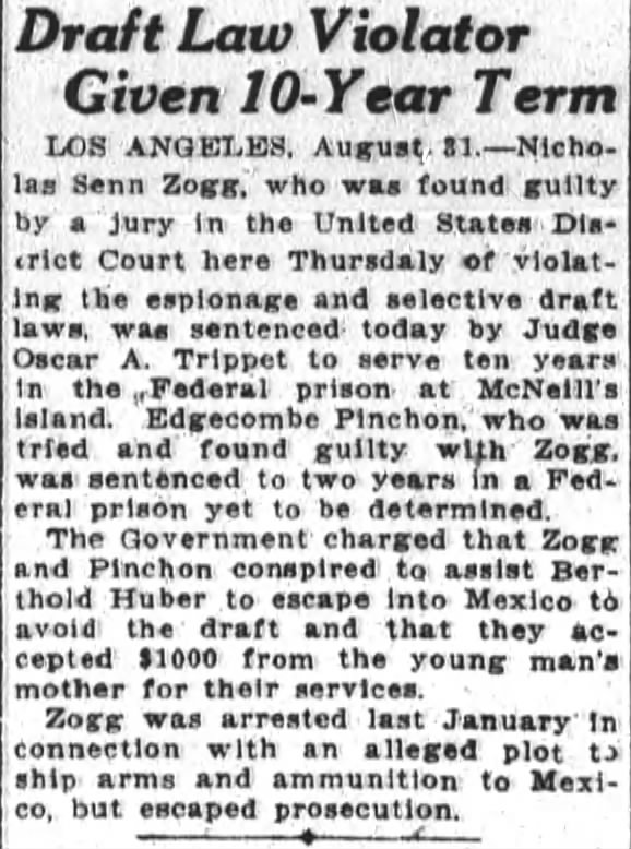 Nicholas Senn Zogg San Francisco Chronicle September 1, 1918