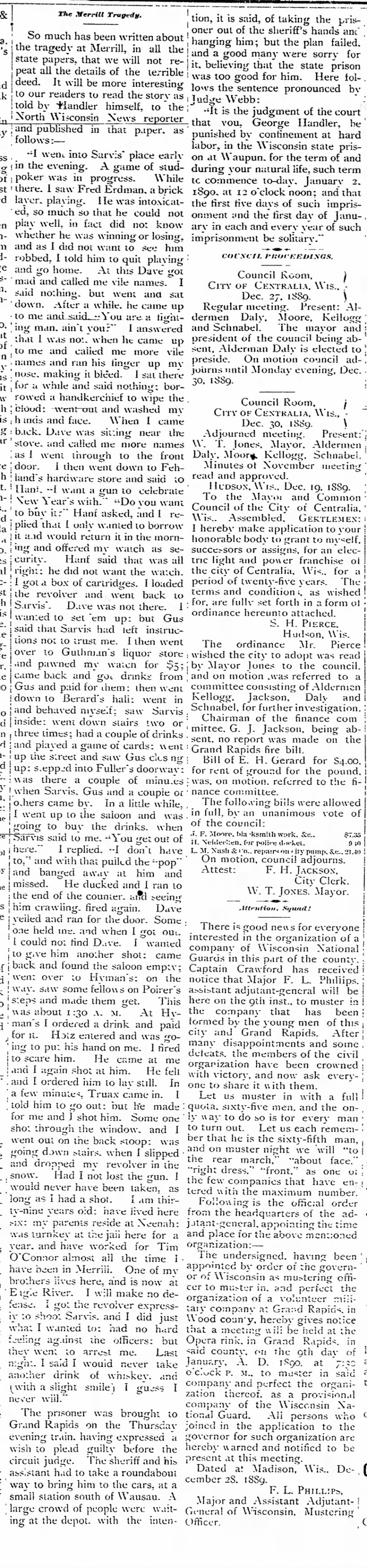 George Handler - Centralia Enterprise and Tribune - 4 Jan 1890