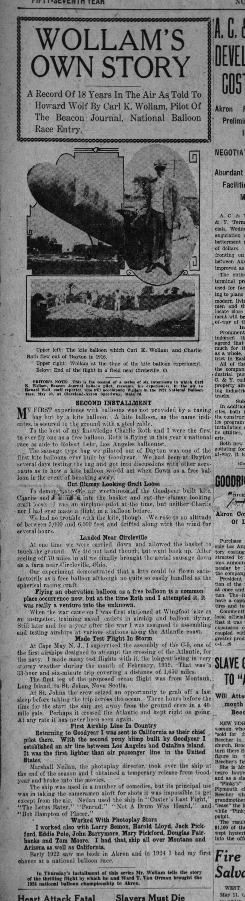 KITE BALLOON, 1916 WOLLAM'S OWN STORY
AKRON BEACON JOURNAL, AKRON, O 11 May 1927, p. 1