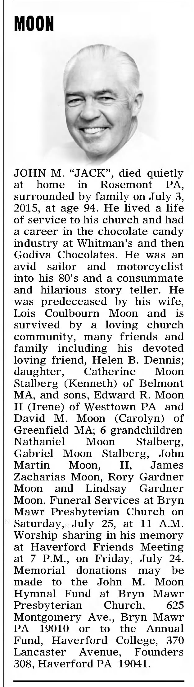 John Martin Moon - 2015 - obituary