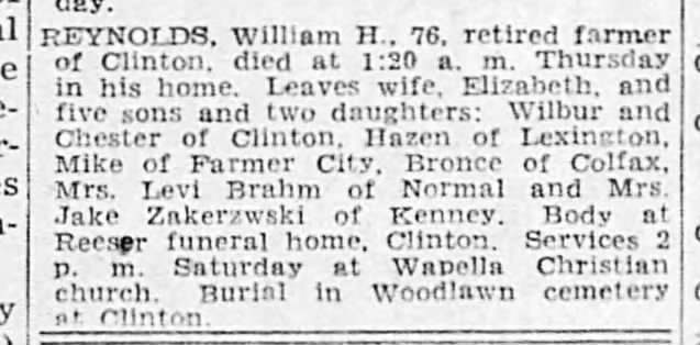 The Decatur Daily Review- Decatur Illinois- March 6, 1947. Death of William H, Reynolds