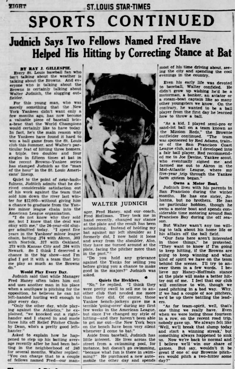 Feature piece on St. Louis Browns player Walt Judnich early in his career.