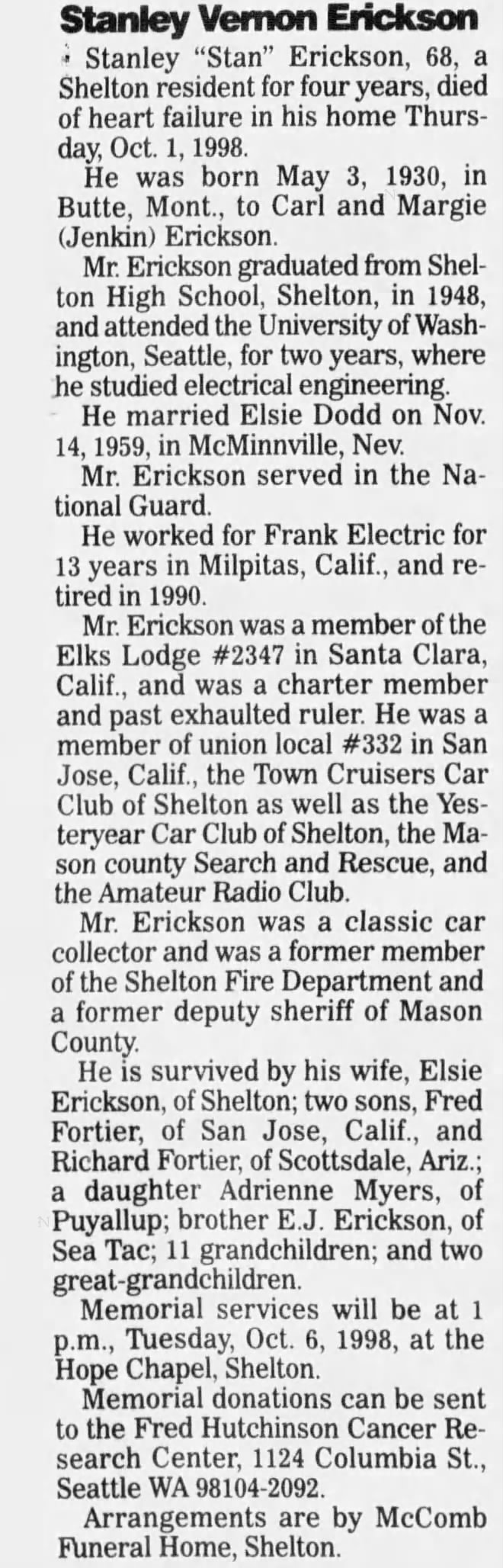 Obituary for Stanley Vernon Erickson
