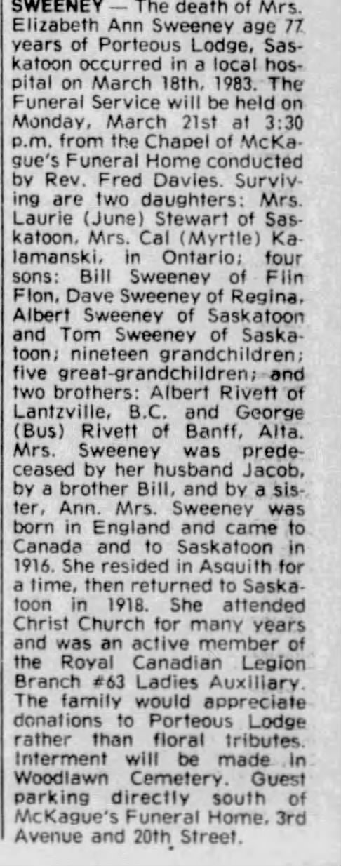 Obituary for Elizabeth Ann SWEENEY (Aged 77)