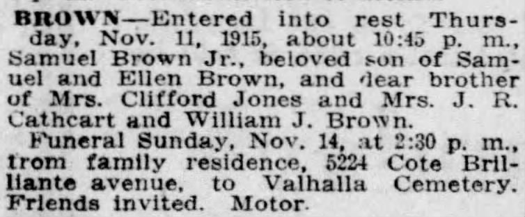 Samuel Brown Obit 1915.11.13