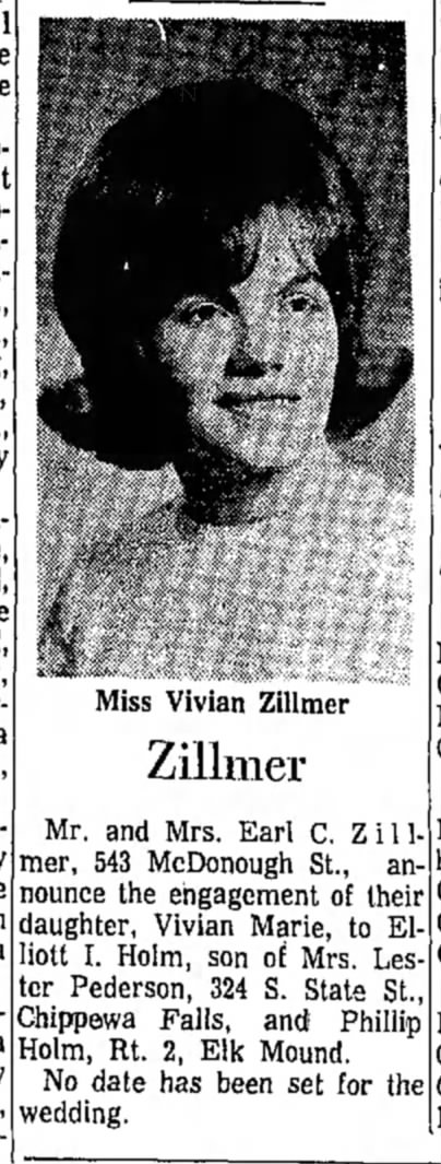 Vivian Zillmer's engagement announcement to Elliott I. Holm (daughter of Earl C. Zillmer)