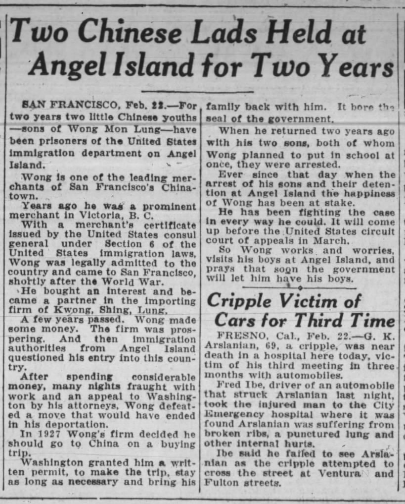 Children of legal Chinese immigrant are detained for two years at Angel Island, 1930