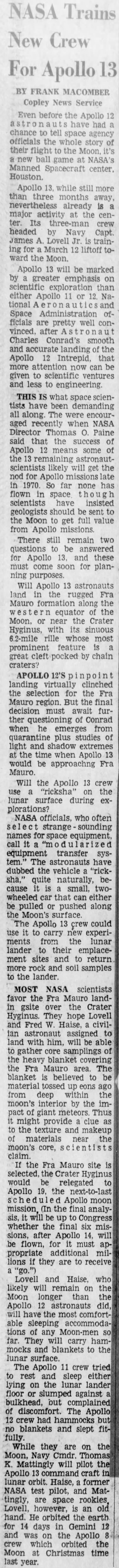 NASA trains crew for Apollo 13; moon mission will have greater emphasis on scientific exploration