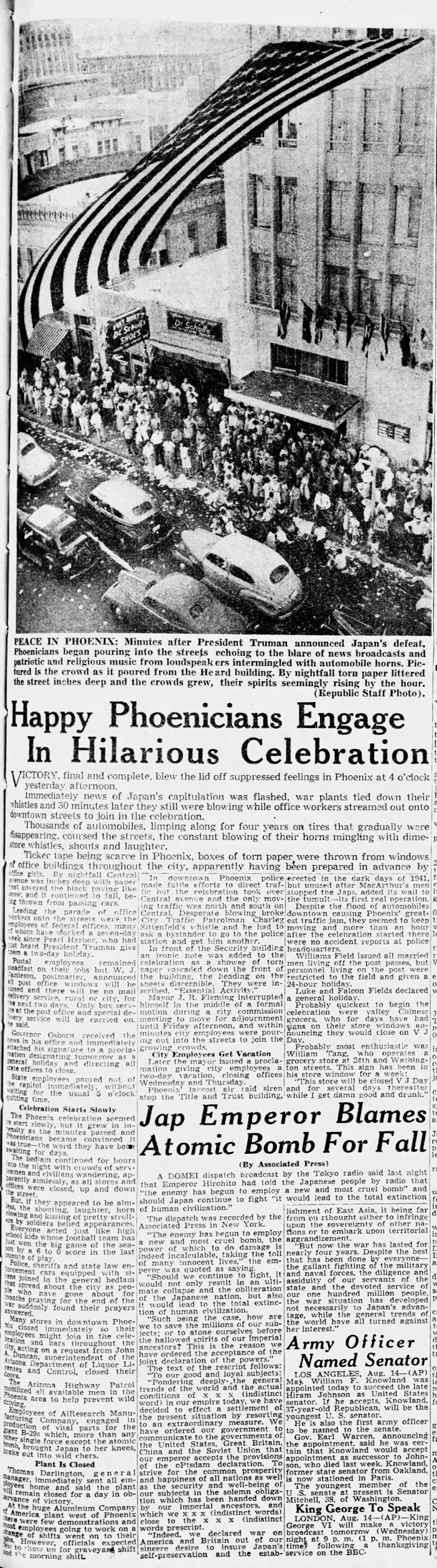 Newspaper photo and article with account of V-J Day celebrations in Phoenix, Arizona