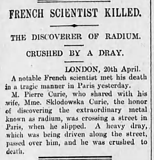 Pierre Curie, husband of Marie Curie, is killed in a Paris accident
