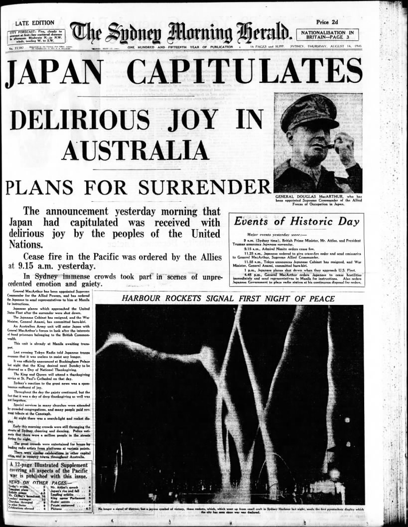 Sydney, Australia, newspaper August 16 front page with V-J Day headline "Japan Capitulates"