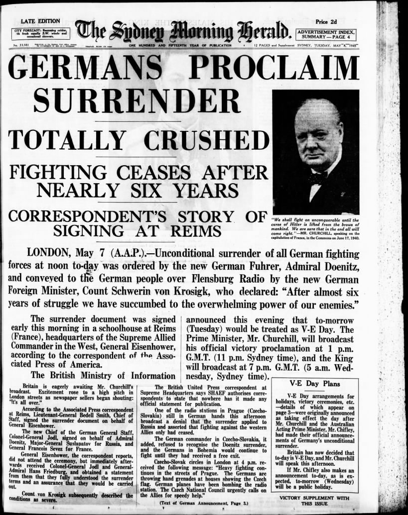 Australian newspaper front page from May 8, 1945: "Germans Proclaim Surrender"