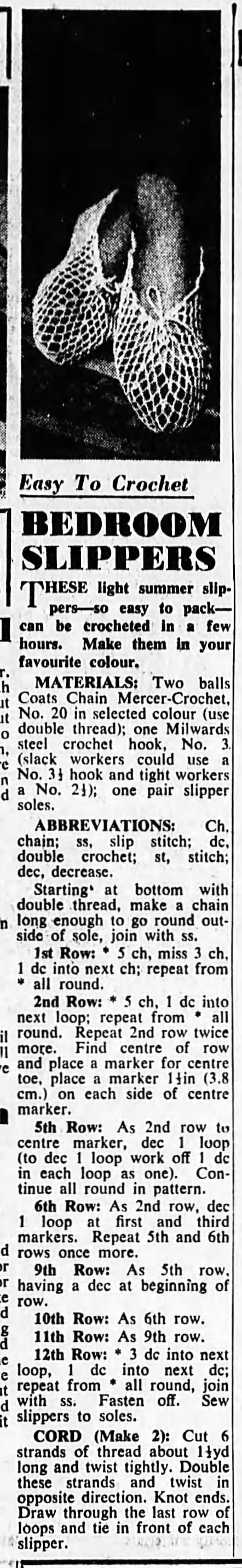 "Bedroom slippers" crochet pattern (1951)