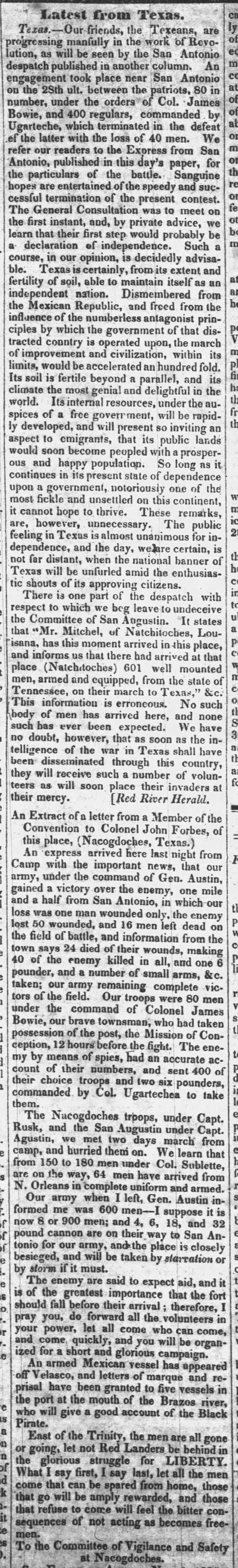 News of a battle during the Texas Revolution; Texans are "almost unanimous for independence"