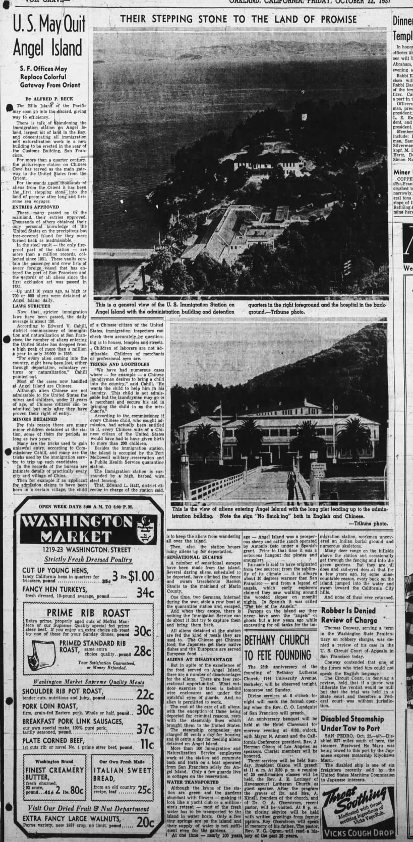 United States may close Angel Island in favor of a mainland immigration center, 1937