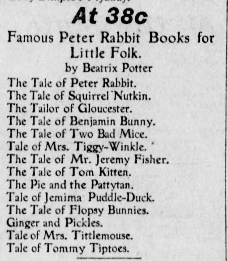 List of Beatrix Potter animal books for sale in 1911 newspaper, including "Peter Rabbit"