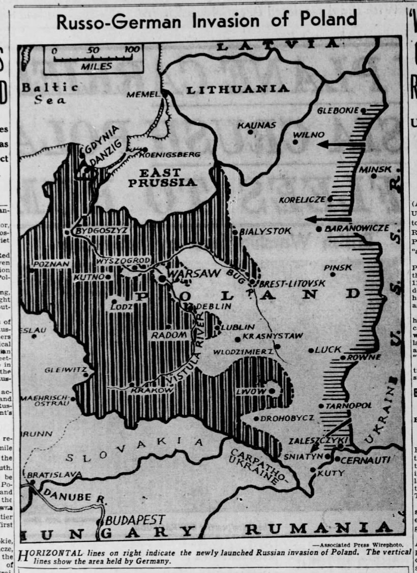 Map of Soviet-German invasion of Poland published September 18, 1939