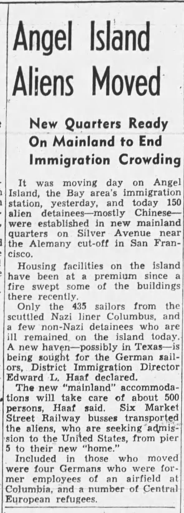 Detainees are moved from Angel Island to the mainland following fire in 1940
