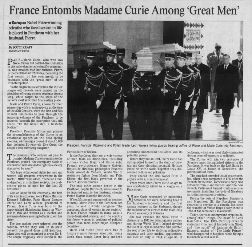 Marie and Pierre Curie are entombed at the Pantheon in Paris in 1995