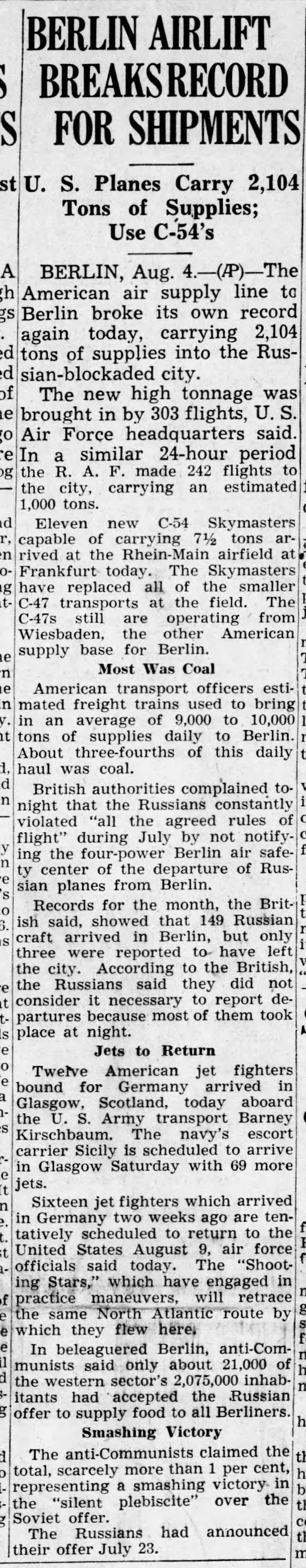 "Berlin Airlift breaks record for shipments" in August 1948