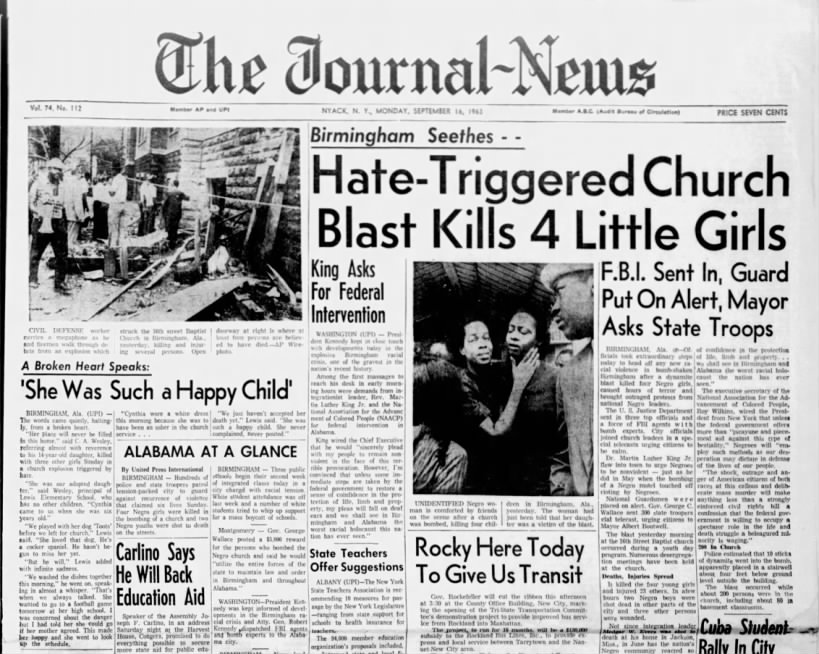 Headlines following the Birmingham Church Bombing on September 15, 1963
