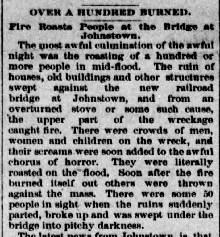 Dozens burned to death when fire breaks out on Johnstown bridge during flood of 1889