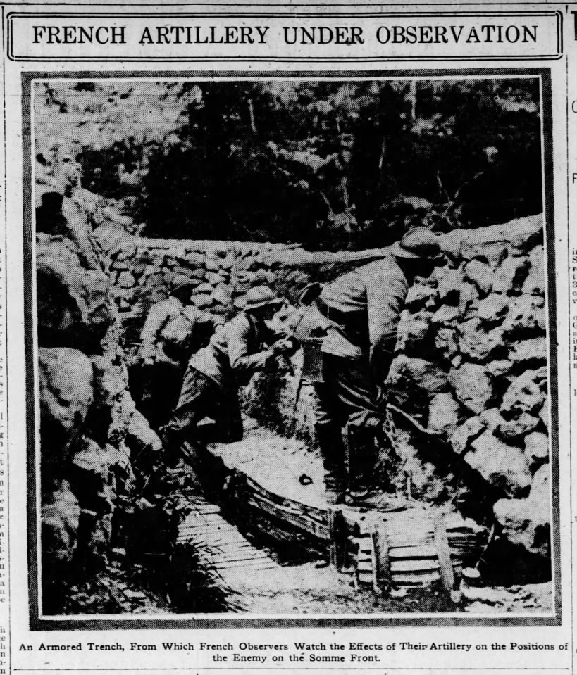 Picture of French soldiers observing effects of their artillery from armored trench at the Somme