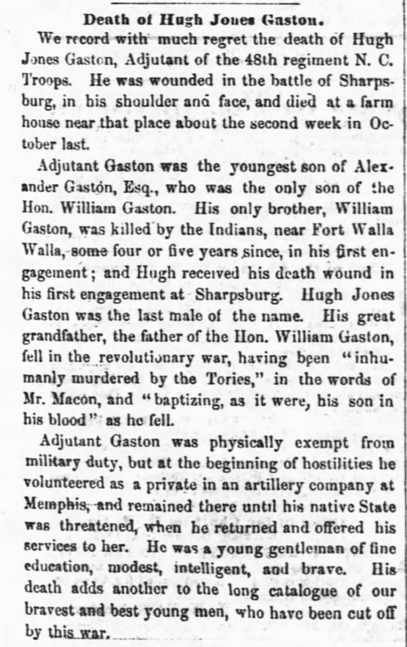 Obituary for a North Carolina soldier who died from wounds after Battle of Antietam (Sharpsburg)