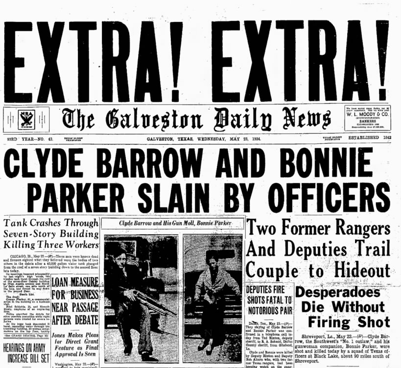 Headlines about the deaths of Bonnie and Clyde in May 1934