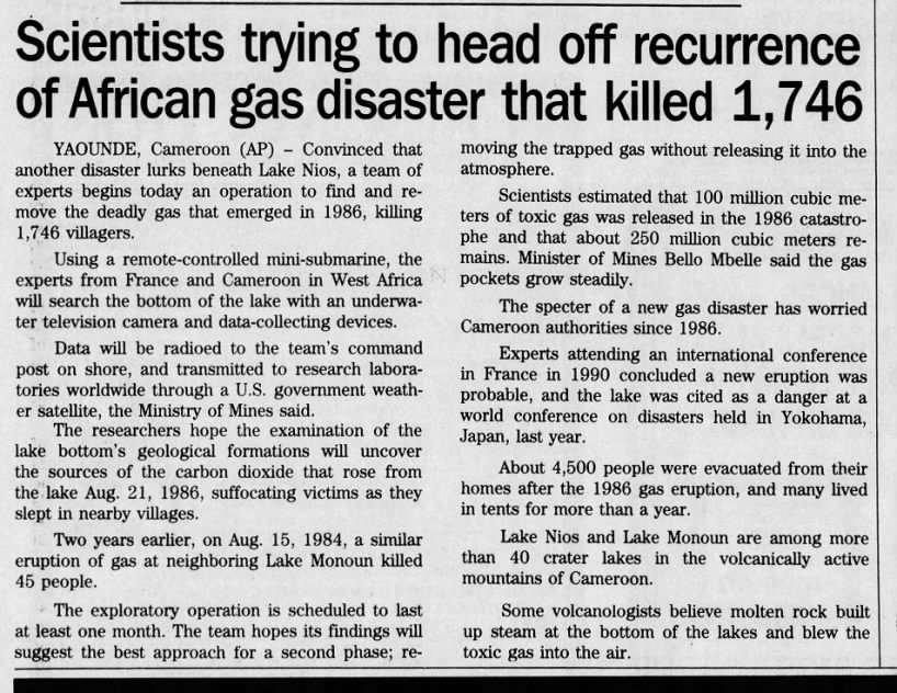 "Scientists trying to head off recurrence of African gas disaster that killed 1,746" in Cameroon