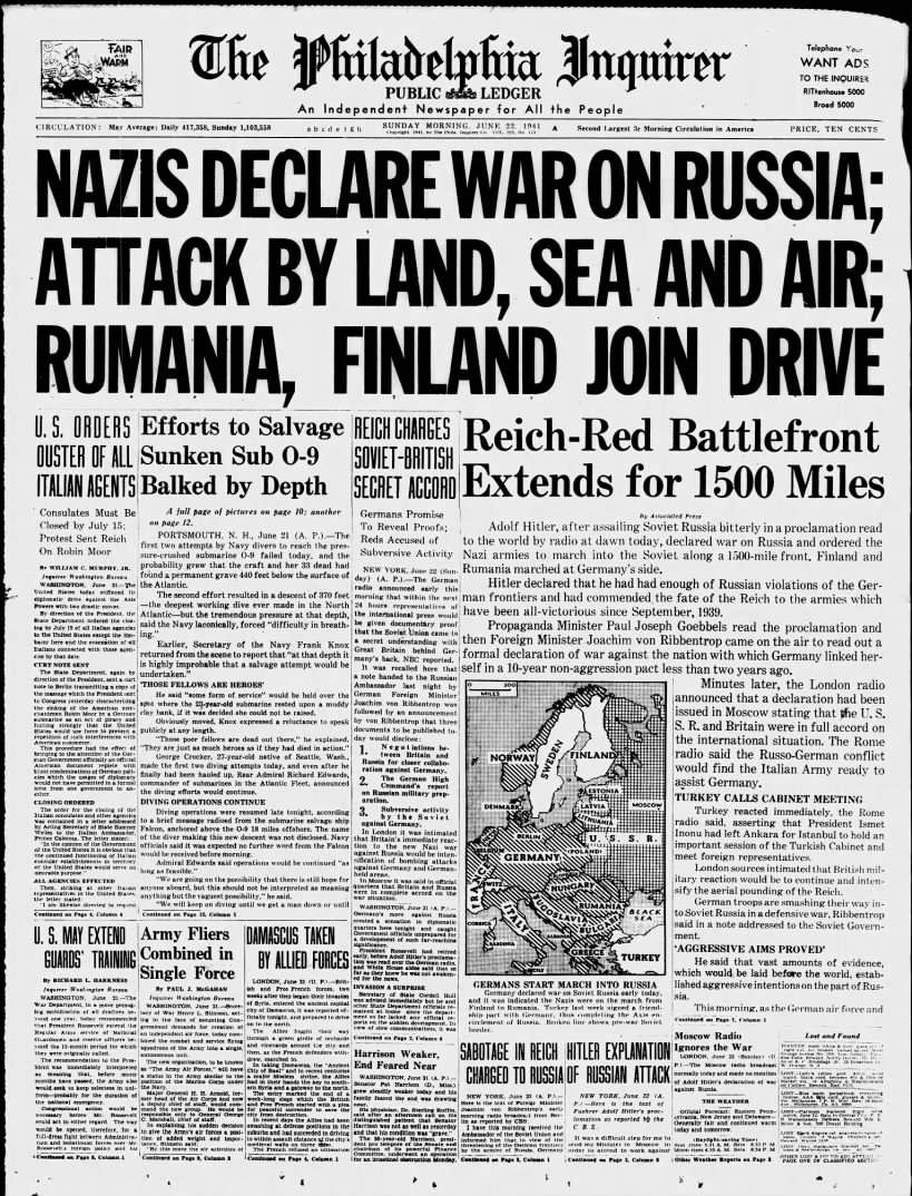 "Nazis Declare War on Russia; Attack by Land, Sea and Air; Rumania, Finland Join Drive"