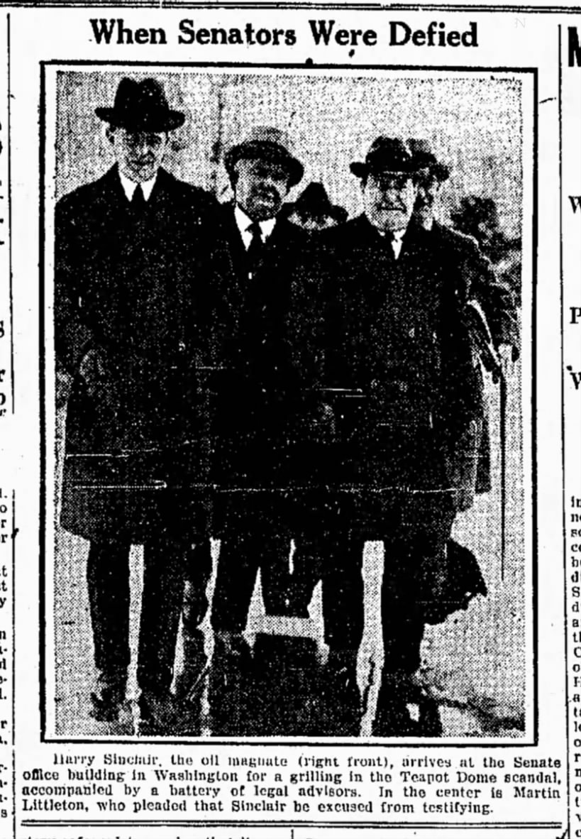 Picture of Harry Sinclair and his lawyers as he arrives to testify to the Senate about Teapot Dome