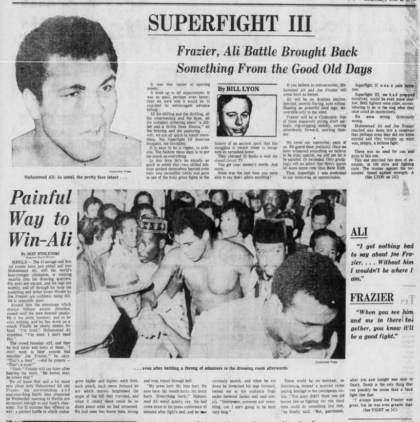 Newspaper coverage of the "Thrilla in Manila" Fight between Muhammad Ali and Joe Frazier in 1975