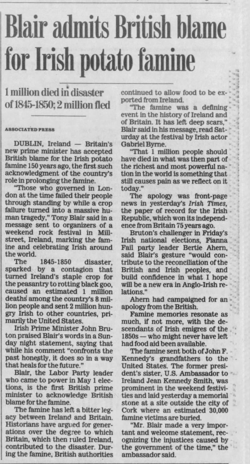 British prime minister admits British blame for Irish Potato Famine in 1997