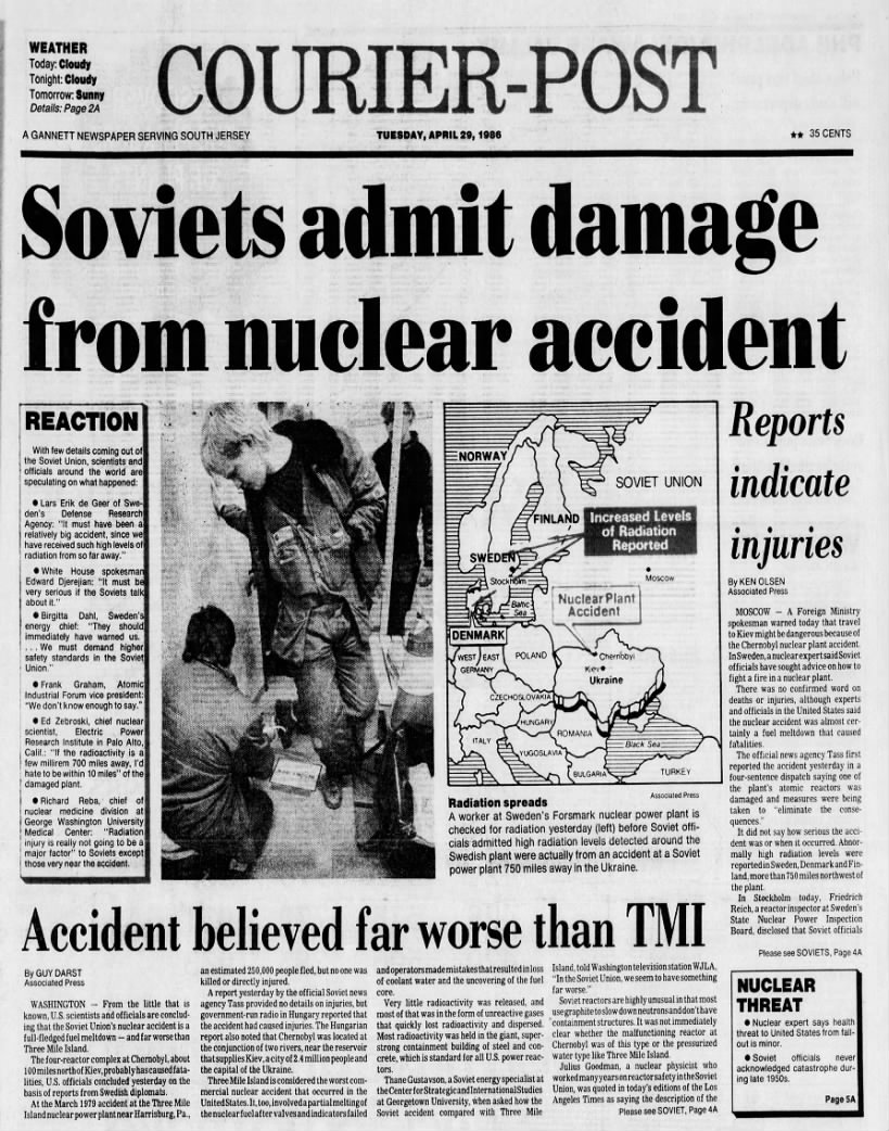 U.S. front page coverage of the Chernobyl disaster from April 29, 1986