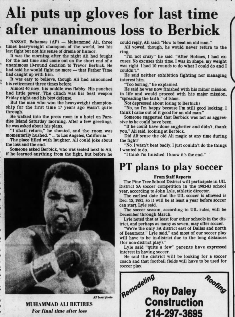 Muhammad Ali retires from boxing in 1981 after losing fight to Trevor Berbick