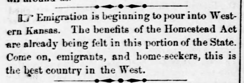 Kansas newspaper encourages people to move to the region under the Homestead Act