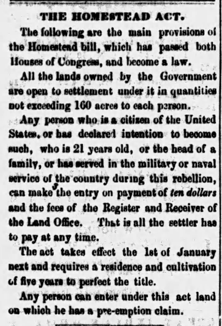 Congress passes the Homestead Act of 1862; Article gives general details about the requirements