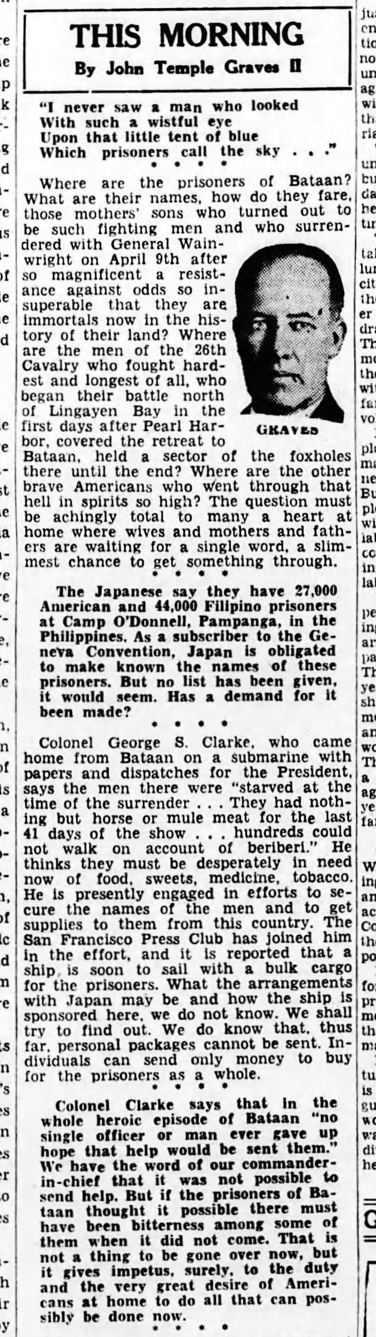 Newspaper columnist wonders "Where are the prisoners of Bataan?" 4 months after American surrender