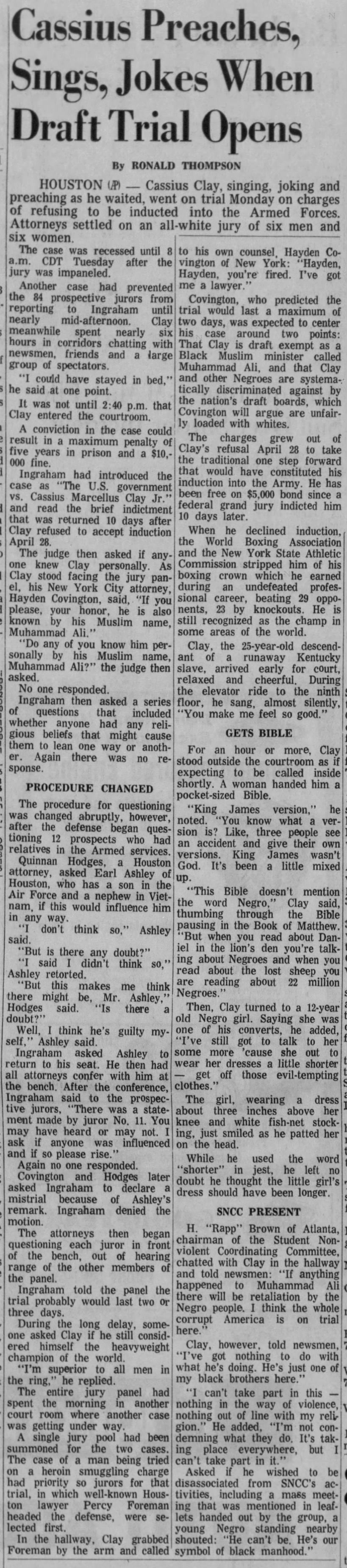 Newspaper report on the beginning of Muhammad Ali's trial for refusing to be inducted into military