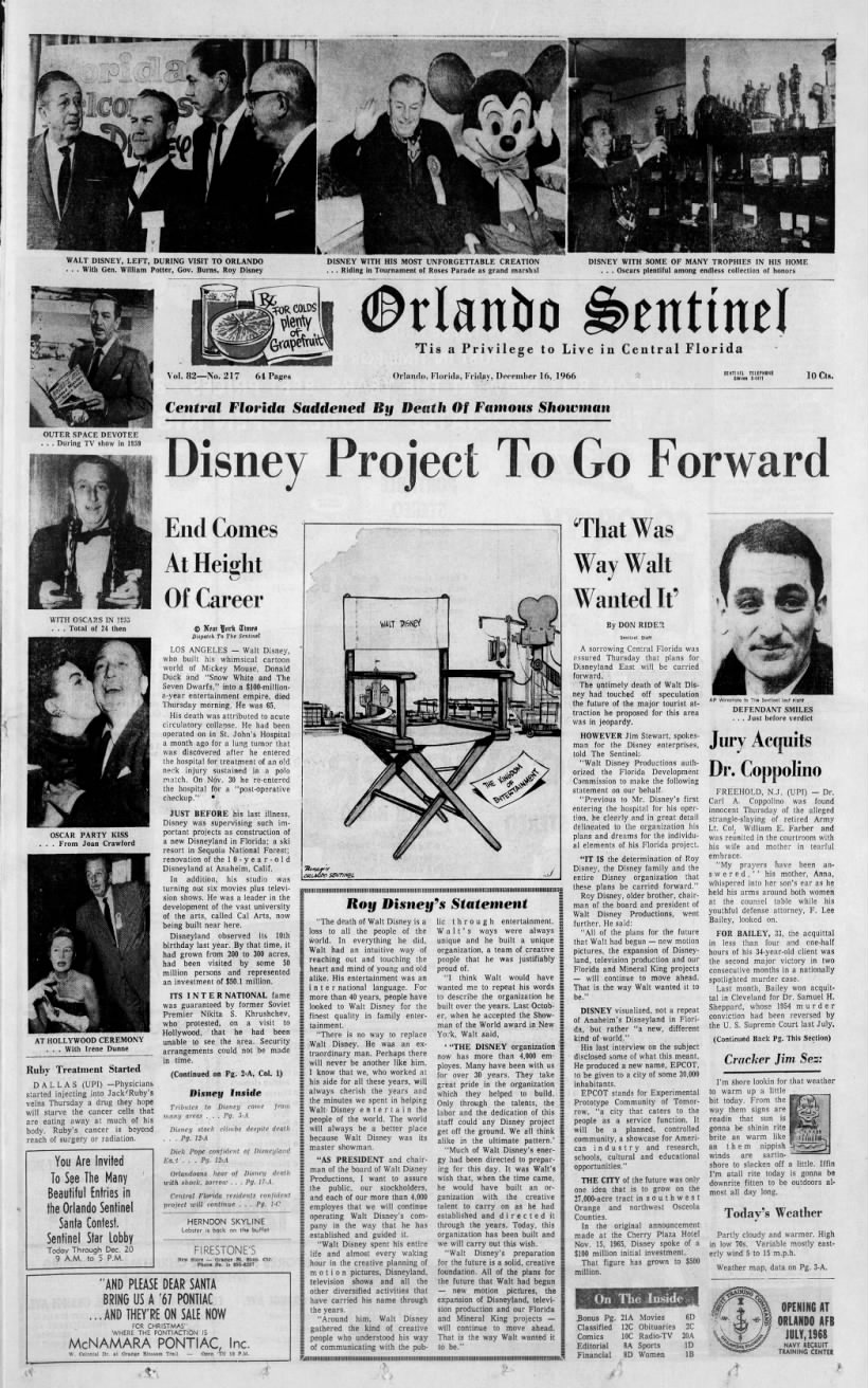Walt Disney's death won't stop theme park plans in Orlando