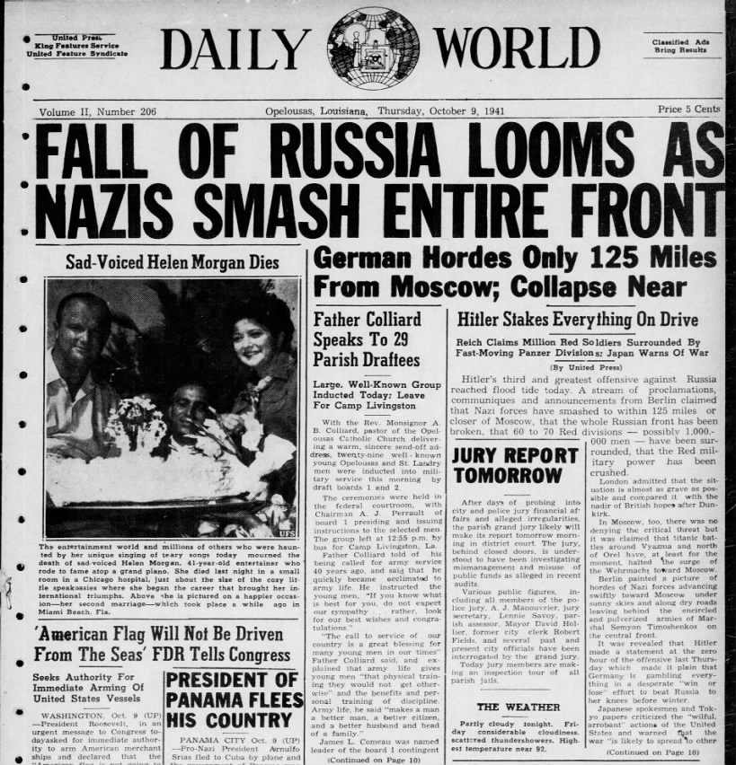"Fall of Russia Looms as Nazis Smash Entire Front; German Hordes Only 125 Miles from Moscow"
