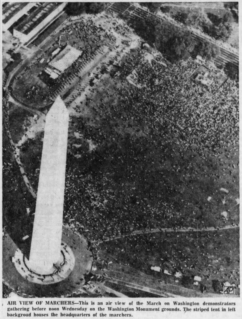 Aerial photo of the marchers gathered on the Washington Monument grounds on August 28, 1963